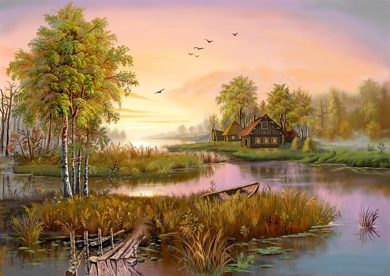 Виктор Цыганов 17 осень - осень, озеро, картина, виктор цыганов, природа, лес, пейзаж, домик - оригинал