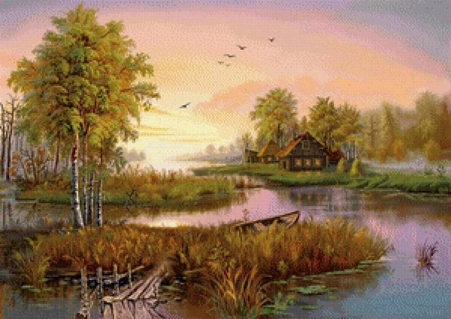 Виктор Цыганов 17 осень - домик, природа, лес, виктор цыганов, озеро, пейзаж, осень, картина - предпросмотр
