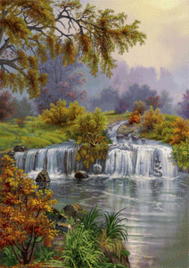 Виктор Цыганов 27 река с водопадом - пейзаж, лес, природа, река, водопад, виктор цыганов, картина - предпросмотр