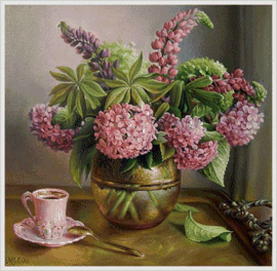 Натюрморт с гортензией - чай, цветы, натюрморт, чашка - предпросмотр