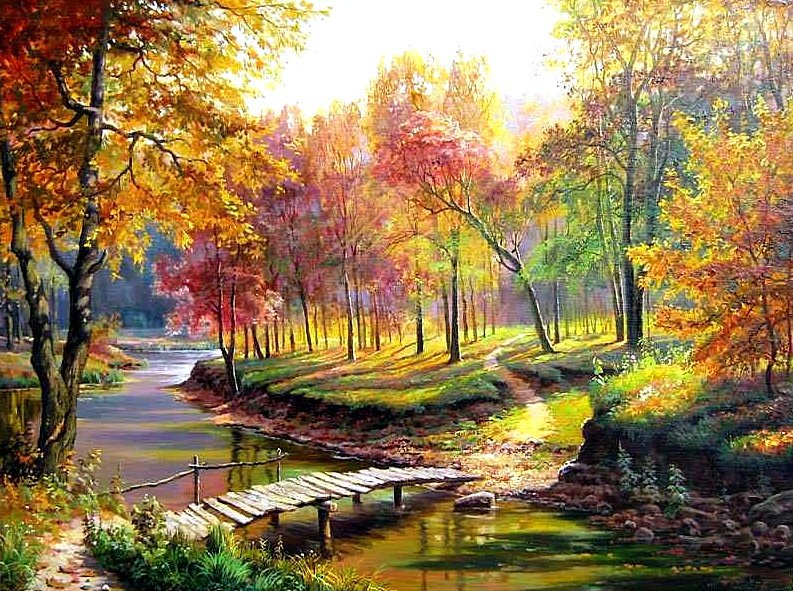 Осенний мостик - осень, пейзаж, мостик, речка, лес - оригинал