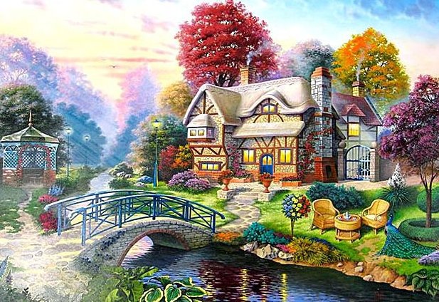 Уютный домик - павлин, домик, красота, пейзаж, мостик, река, цветы - оригинал