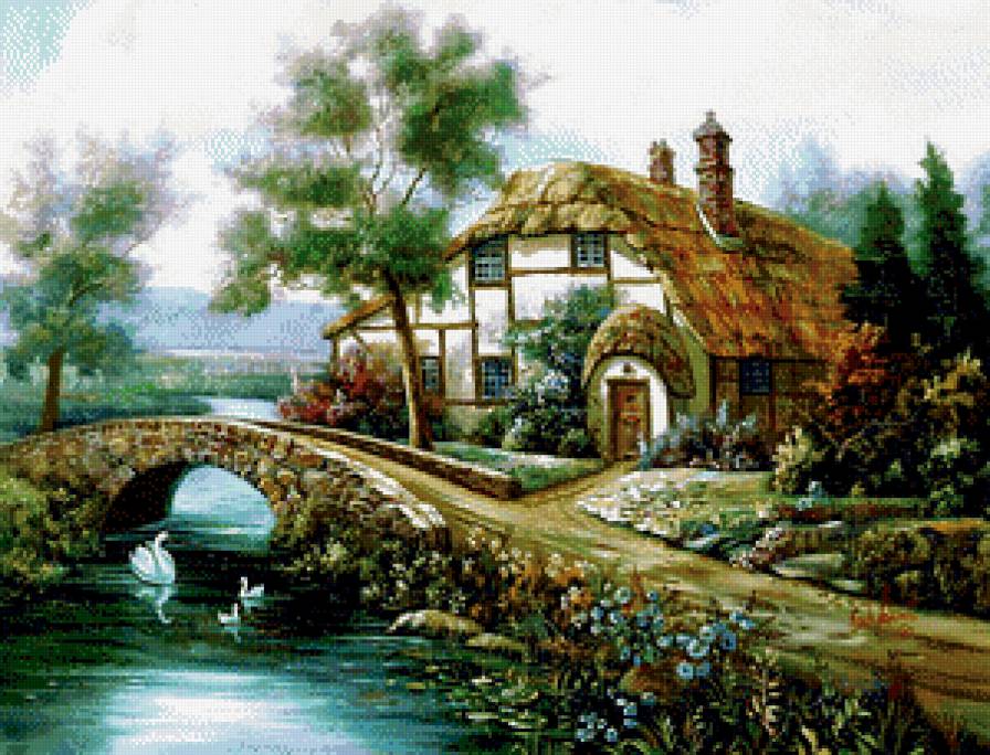Уютный домик - красота, пейзаж, лебеди, цветы, мостик, домик, пруд - предпросмотр