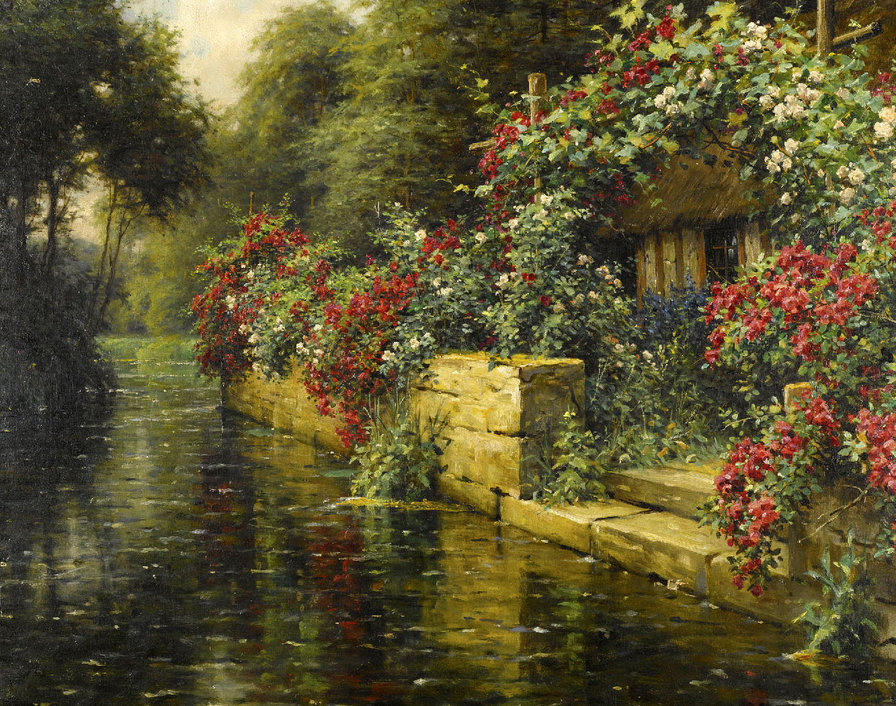 луис астон найт 16 красивый причал - картина, природа, пейзаж, луис астон найт, цветы, река - оригинал