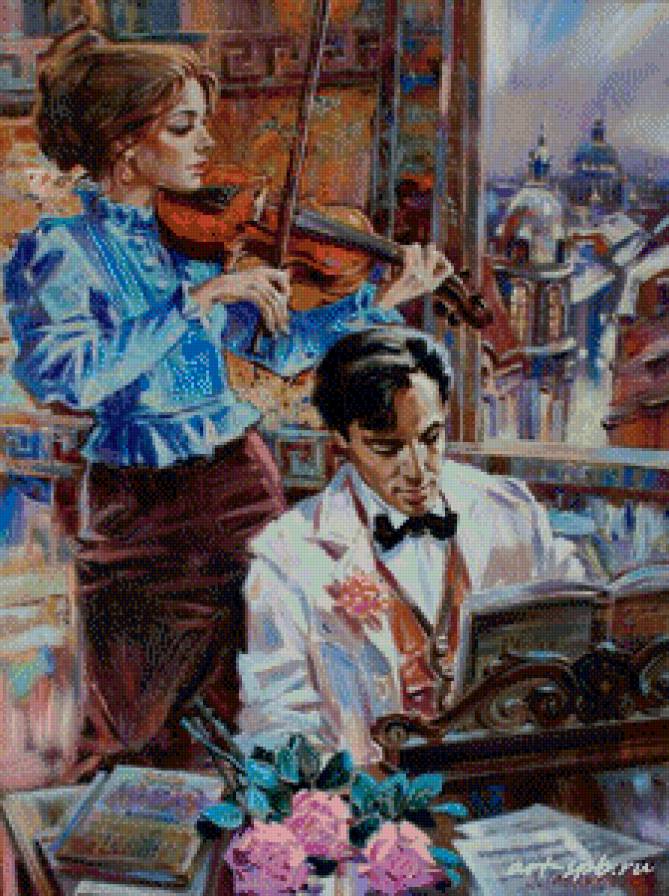 Картина - женщина, мужчина, , музыка, цветы.скрипка - предпросмотр