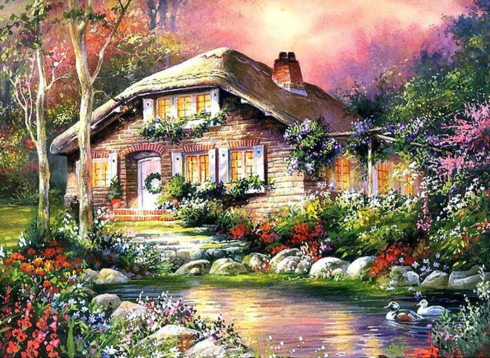 Солнечный домик - лето, домик, пейзаж, сад, цветы, картина - оригинал