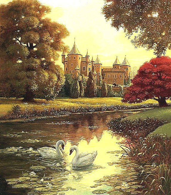 Старый замок - замок, озеро, картина, река, пейзаж, лебеди - оригинал