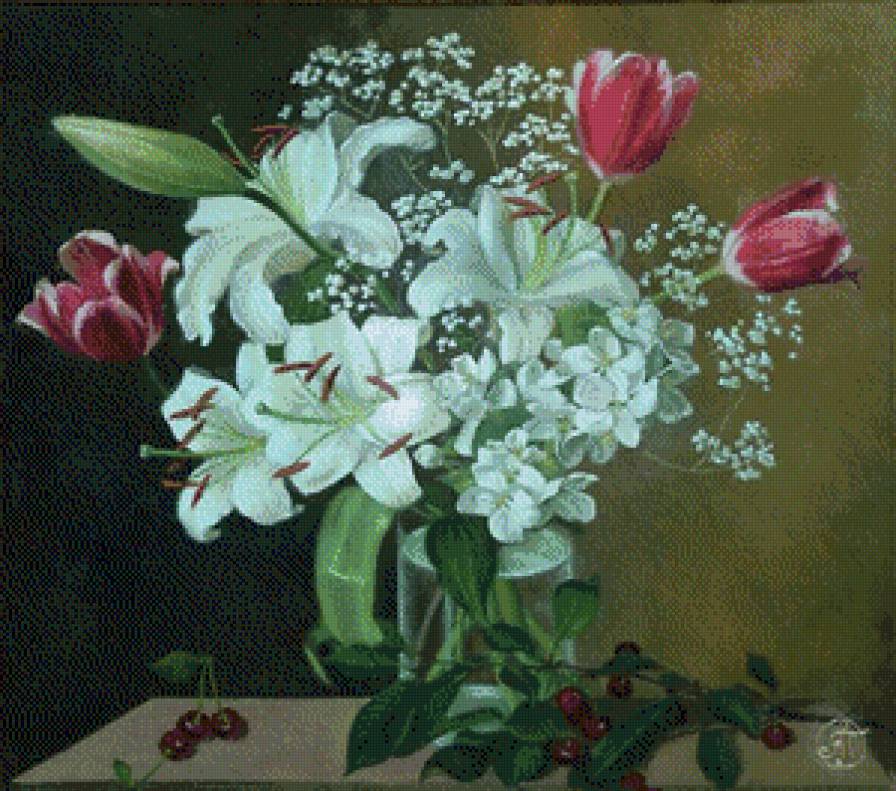 белые лилии и тюльпаны - натюрморт, картины, картина, цветы - предпросмотр