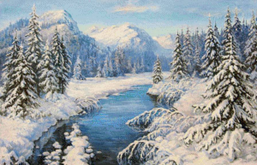 Зимняя сказка - елочки, река, пейзаж, зима, горы - предпросмотр