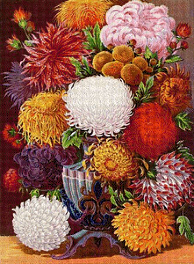 роскошный букет - букет, ретро, ваза, хризантемы, красные цветы, винтаж, белые цветы - предпросмотр