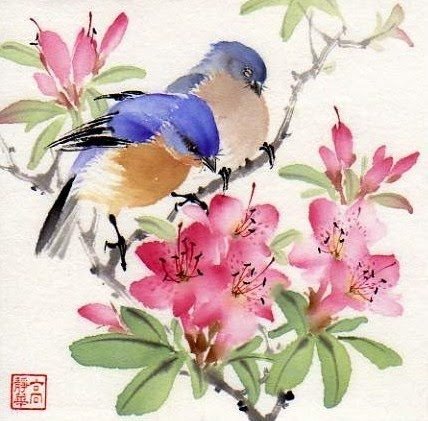 китайская картинка - ветка, птички, цветущая, цветы - оригинал