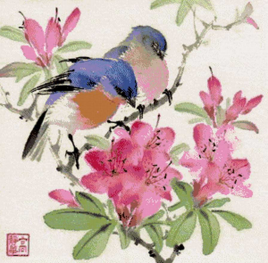 китайская картинка - ветка, птички, цветы, цветущая - предпросмотр