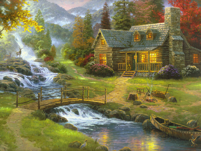 Лесной дом - дом, пейзаж, река - оригинал
