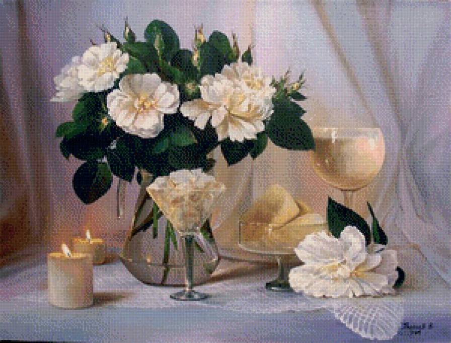Белые розы - натюрморт, ваза, розы, цветы - предпросмотр