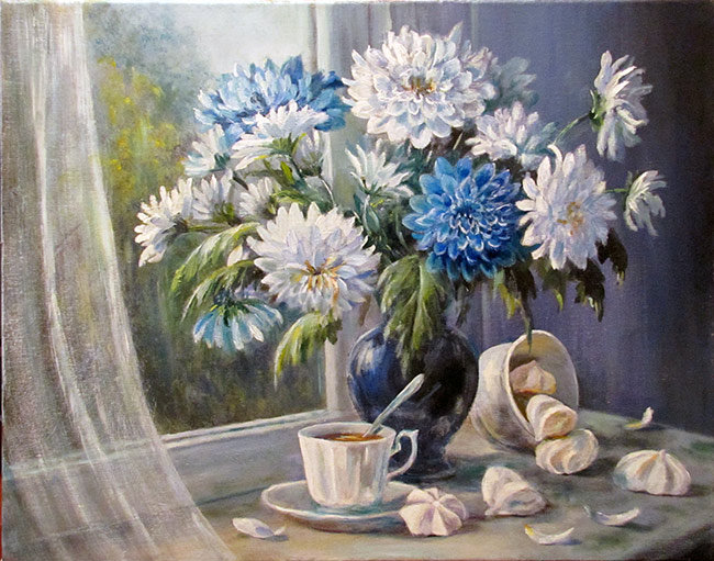 ольга воробьева-хризантемы цветы запоздалые - цветы, картины, натюрморт, картина - оригинал