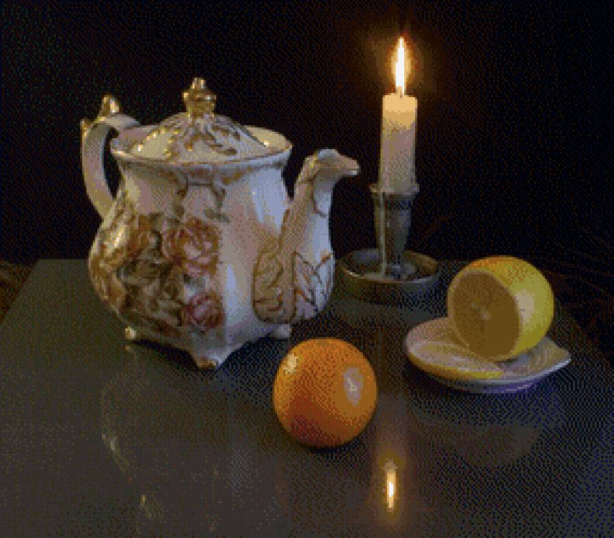 вечерний чай - натюрморт, чай, свеча, лимон - предпросмотр