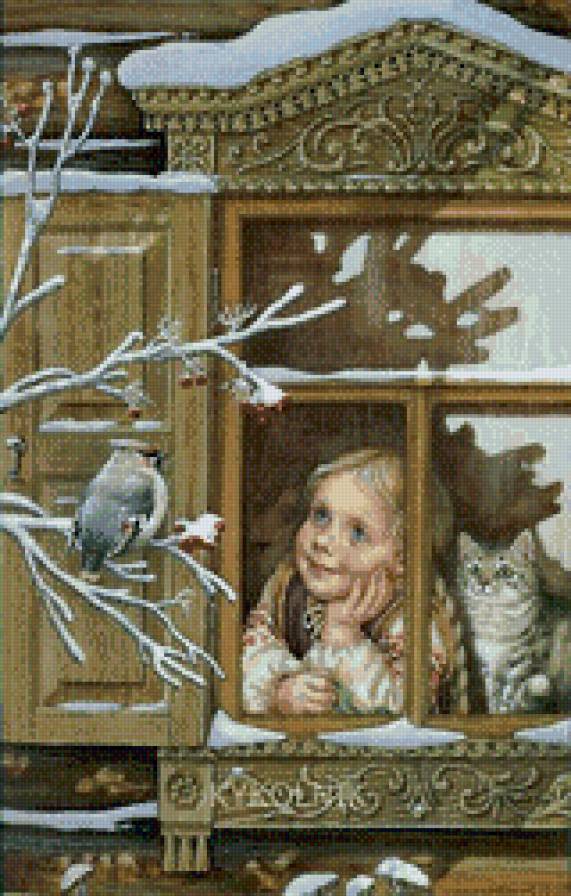 у окошка - снегирь, зима, девочка, снег, окно, кошка - предпросмотр