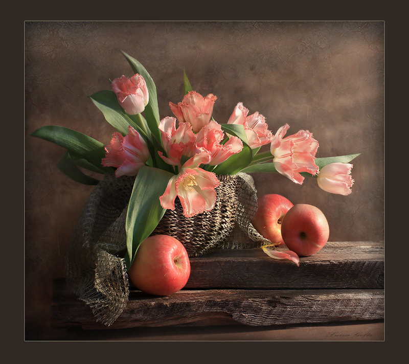 Натюрморт - яблоки, натюрморт, цветы, тюльпаны - оригинал