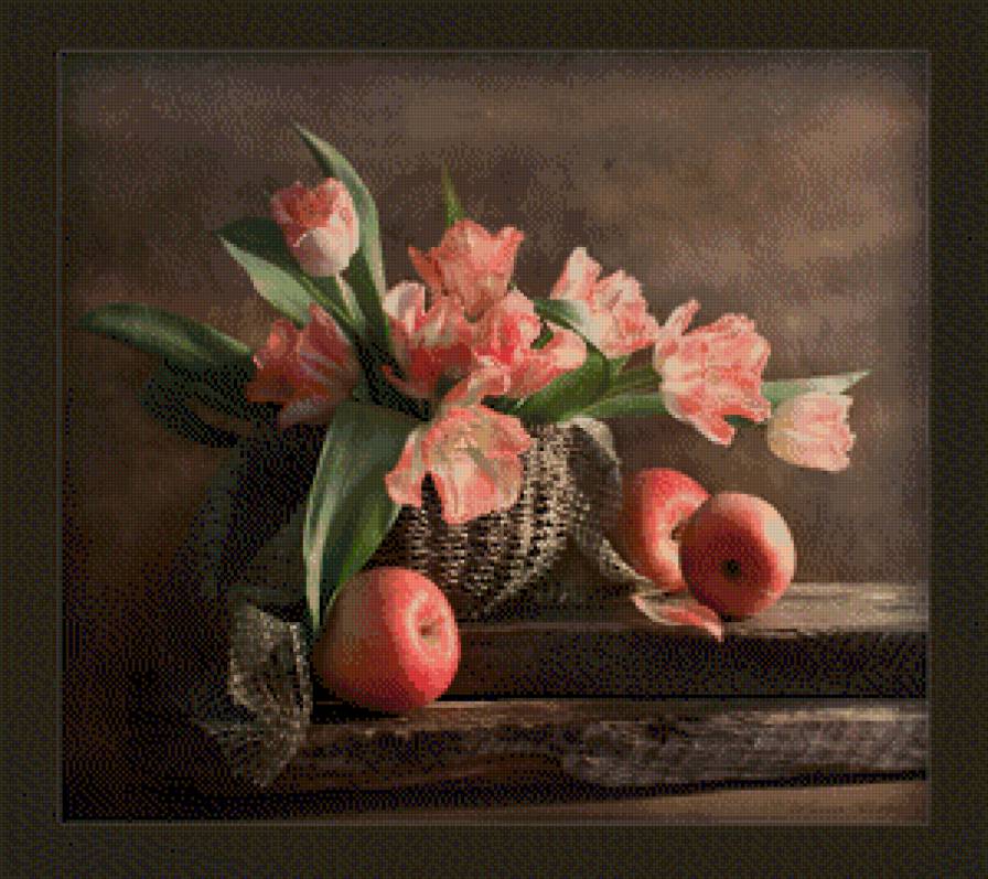 Натюрморт - цветы, тюльпаны, натюрморт, яблоки - предпросмотр