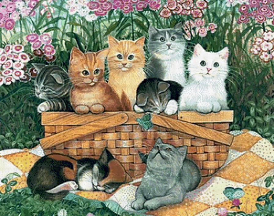 Котята в корзинке - котята, сон, цветы, животные, кошки, корзинка - предпросмотр