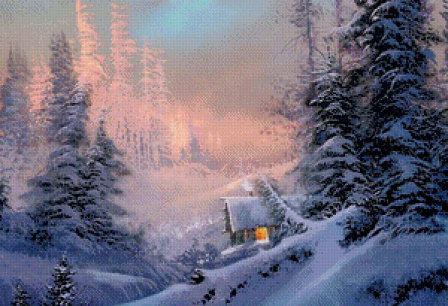 михаил сатаров 1 зимний пейзаж с избушкой - зима, горы, михаил сатаров, природа, пейзаж, лес, картина, снег - предпросмотр
