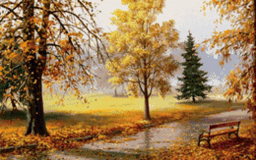 Осень со скамьей - природа, осень, скамья, пейзаж - предпросмотр