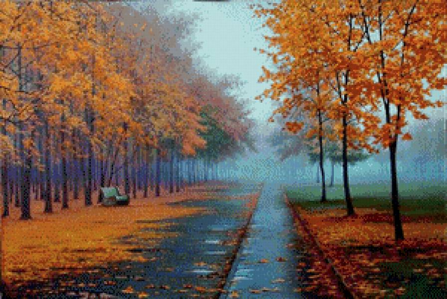 Осень - картина, осень, деревья, туман - предпросмотр