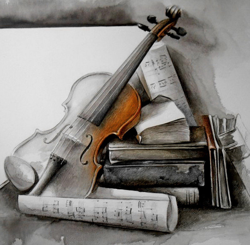 скрипка - живопись, ноты, книга, акварель - оригинал