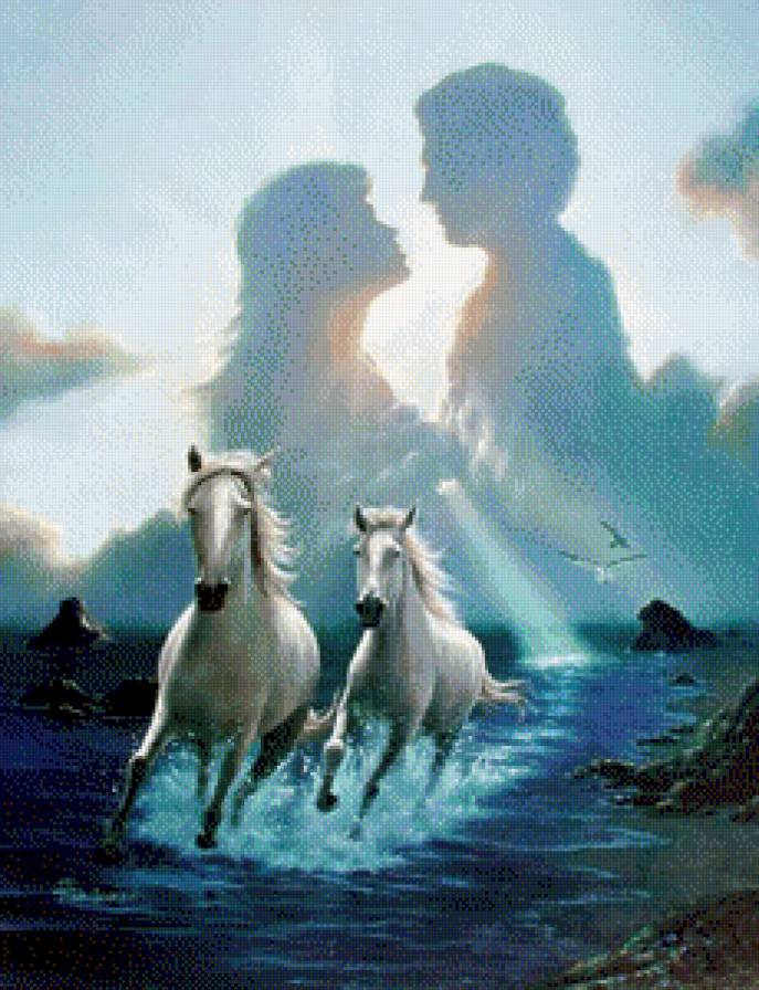 Влюбленная пара - конь, лошадь, природа, море, кони, влюбленные, вода, лошади - предпросмотр