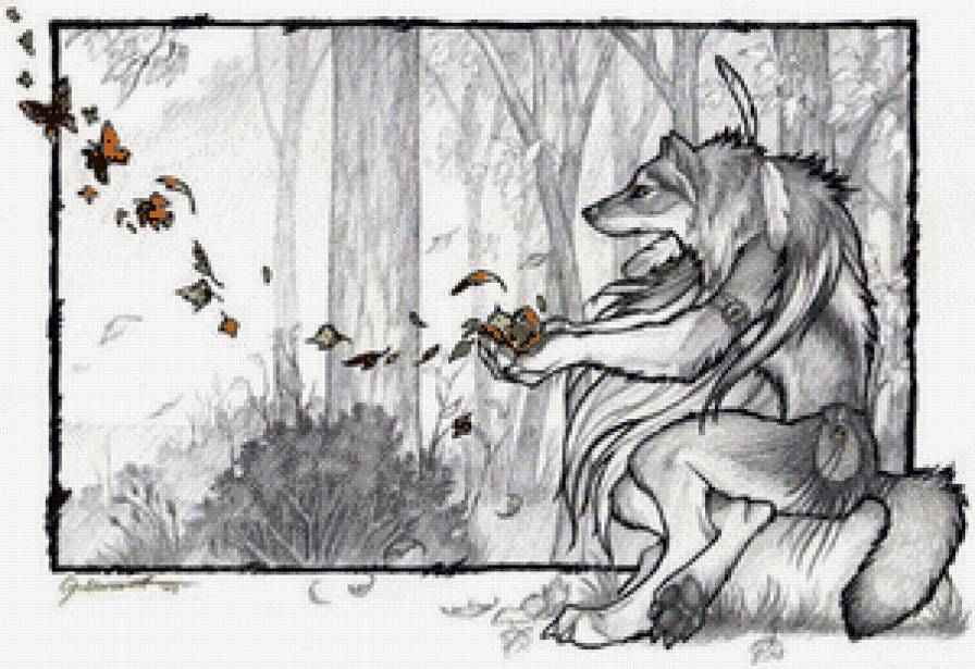Lobo - бабочки, волк, листья, индейские мотивы - предпросмотр