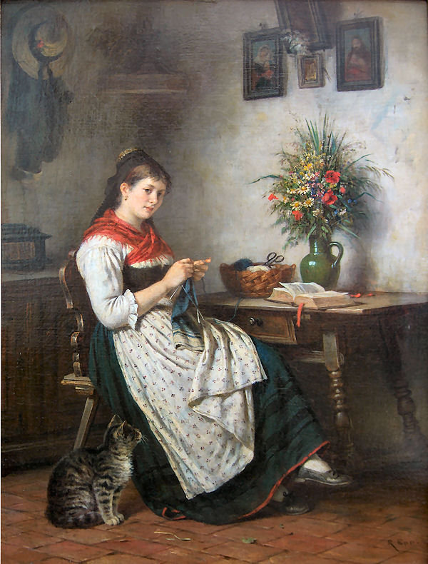 девушка за вязанием - картина - оригинал