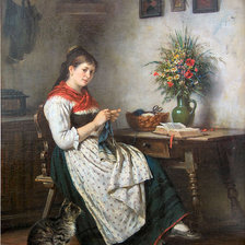 Схема вышивки «девушка за вязанием»