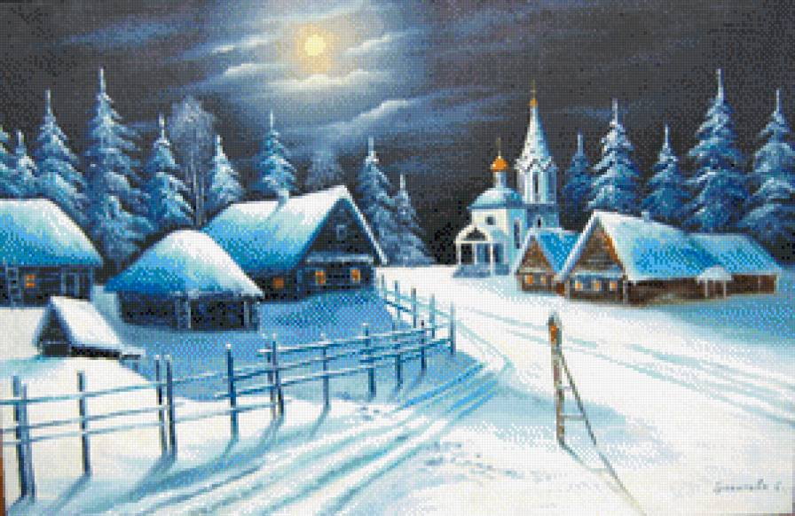 Деревня ночью - деревня, ночь, зима - предпросмотр