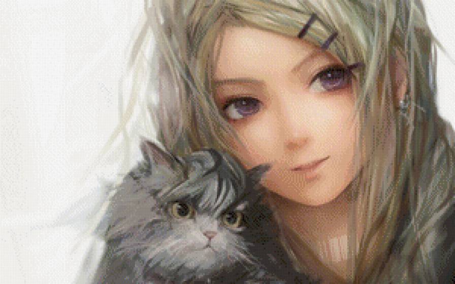 Девушка с котом - животные, фэнтези, кот, девушка, аниме - предпросмотр