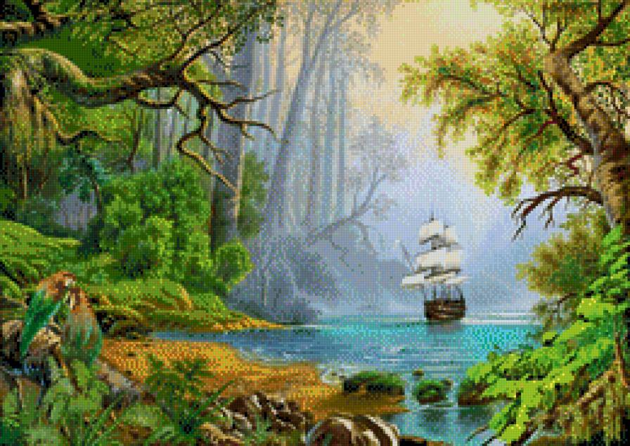 Пейзаж - корабль, вода, пейзаж, парусник, природа, лес - предпросмотр