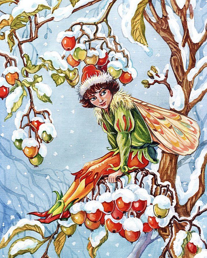 Мальчик-фей - зима.снег, дети, ягоды, феи - оригинал