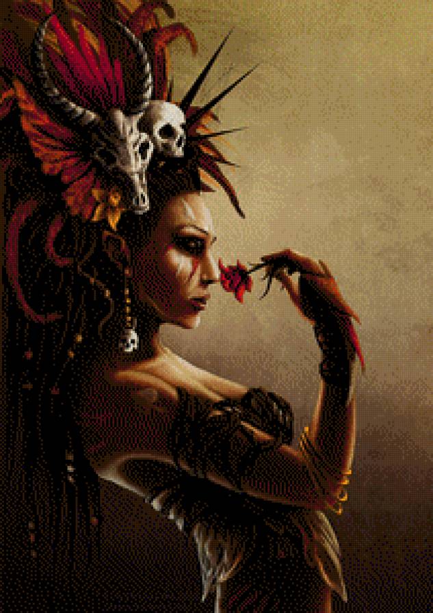 Queen of Spades - ведьма, цветок, красный, шаман, череп, пики, девушка - предпросмотр