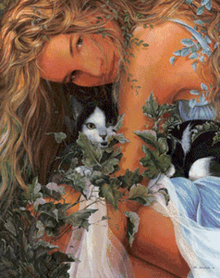 Девушка с кошкой - женщина, пейзаж, кошка, девушка - предпросмотр