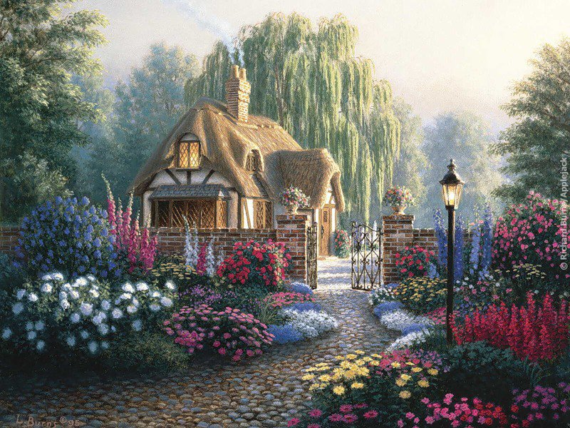 домик лето 3 - домик, лето, картина, природа, цветы, пейзаж, садик - оригинал