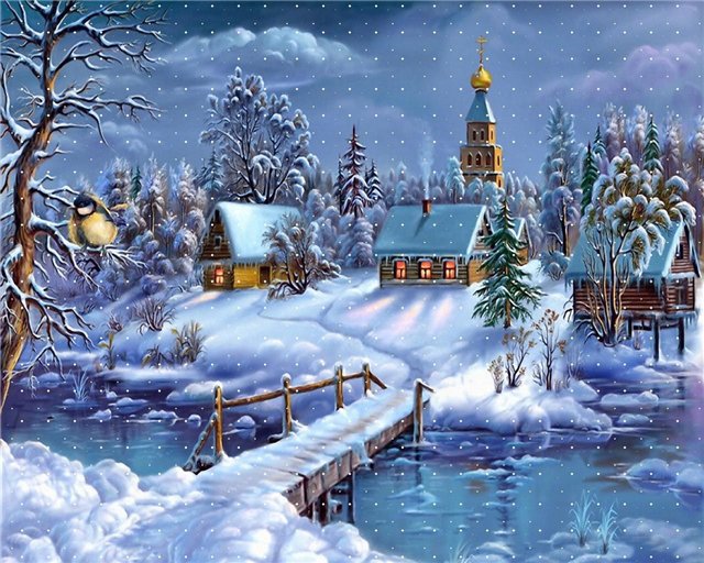 Зима - ночь, дом, пейзаж, природа, зима, вечер - оригинал