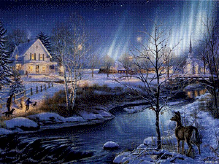Зима - вечер, пейзаж, природа, дом, зима, ночь - предпросмотр