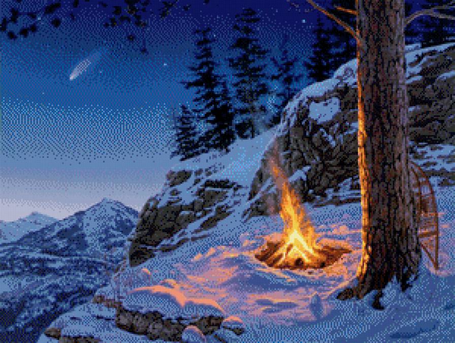 На природе - костер, ночь, горы, снег, лес, зима - предпросмотр