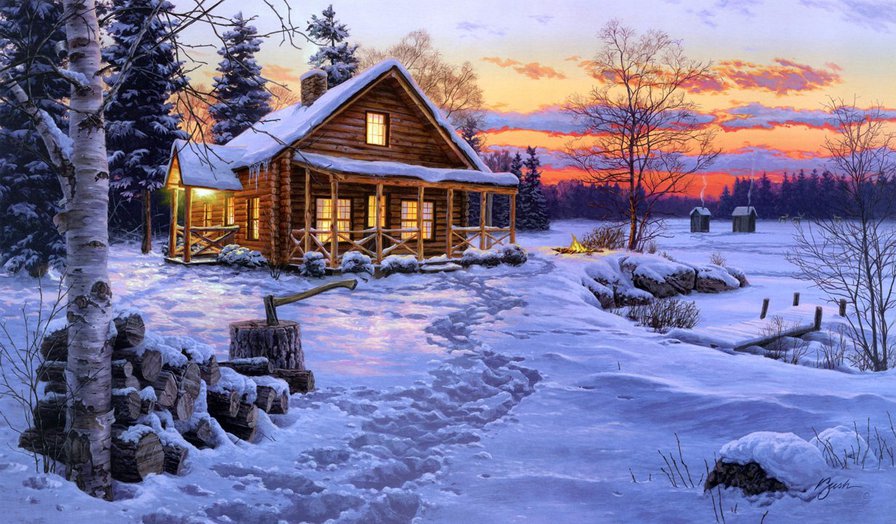 Домик в лесу - дом, вечер, зима, снег, лес - оригинал