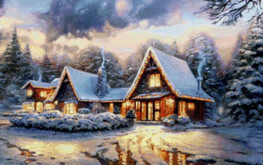 зимний домик 4 - снег, зима, пейзаж, сугроб, дерево, картина - предпросмотр