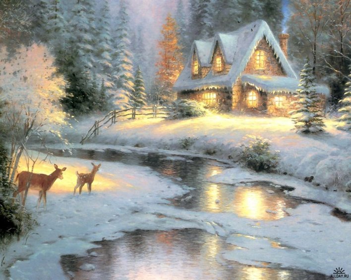 зимний домик 6 - снег, дом, река, зима, домик, олени, рождество, сугроб - оригинал
