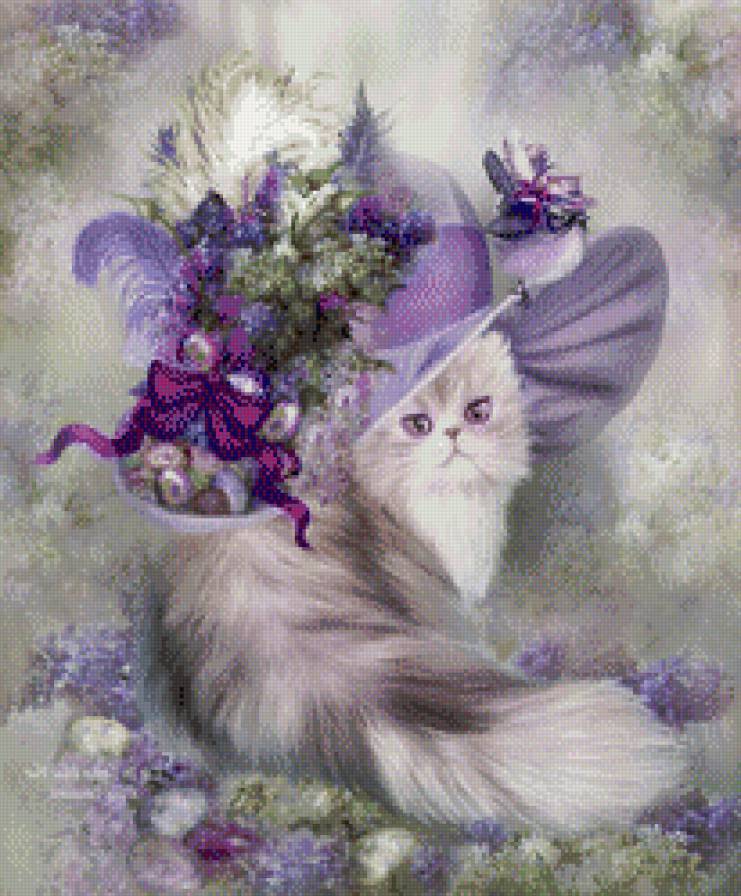 кошка в шляпке - кот, кошка, сирень, шляпка, цветы, сиреневый - предпросмотр