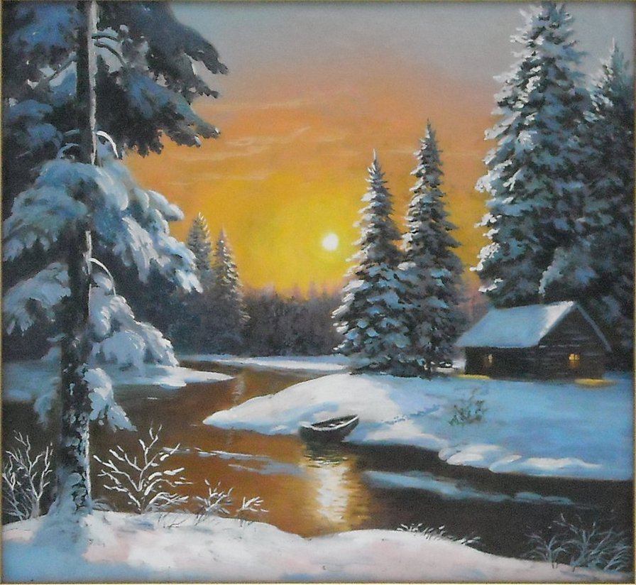 михаил сатаров 4 зимний пейзаж солнце садится - лес, горы, пейзаж, снег, природа, михаил сатаров, картина, зима - оригинал