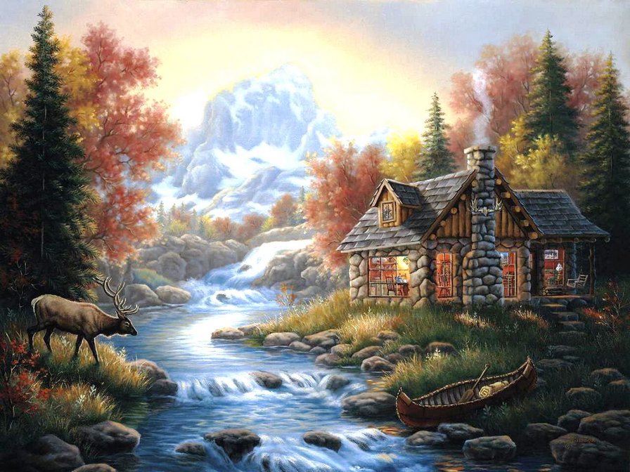горный пейзаж - природа, дом, олени, пейзаж, ручей, горы - оригинал