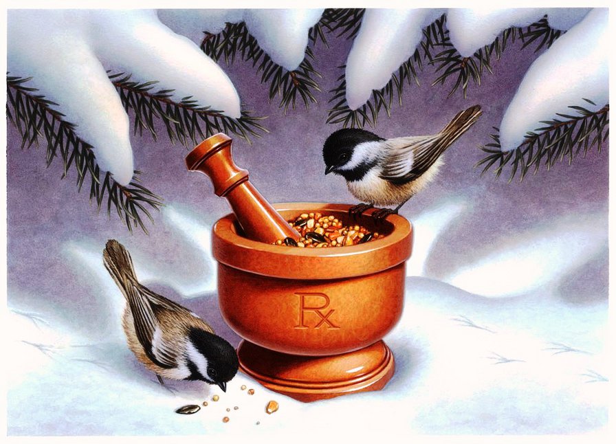 птички - снег, зима, птицы, пейзаж, деревья, природа - оригинал