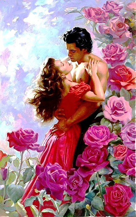 влюбленные - влюбленные, картина, розы, романтика, пара - оригинал